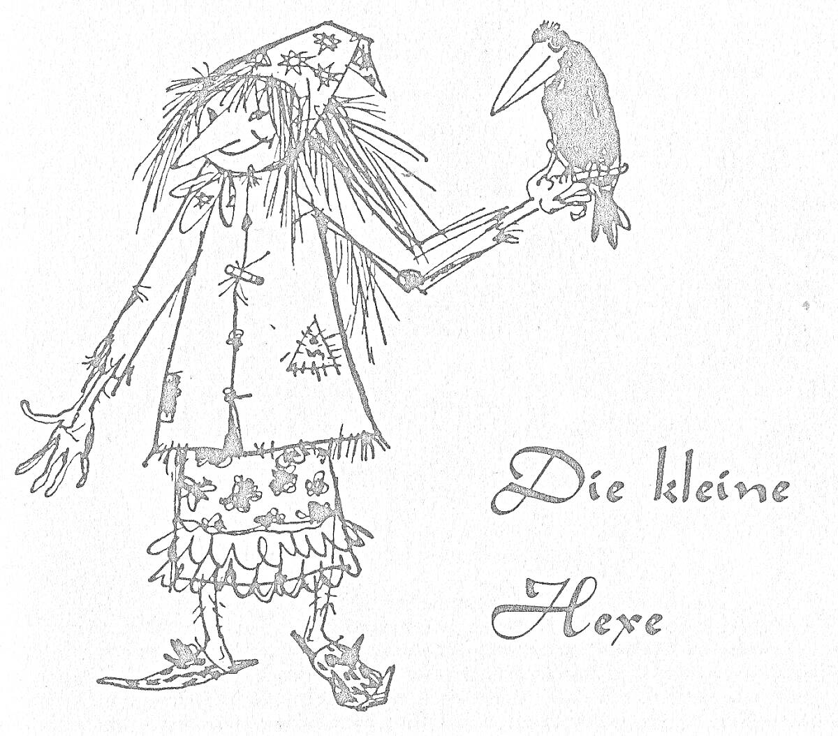 Раскраска Болотная кикимора с длинным носом, в шляпе с узором, в лохмотьях и башмачках, держащая ворона на руке, надпись 