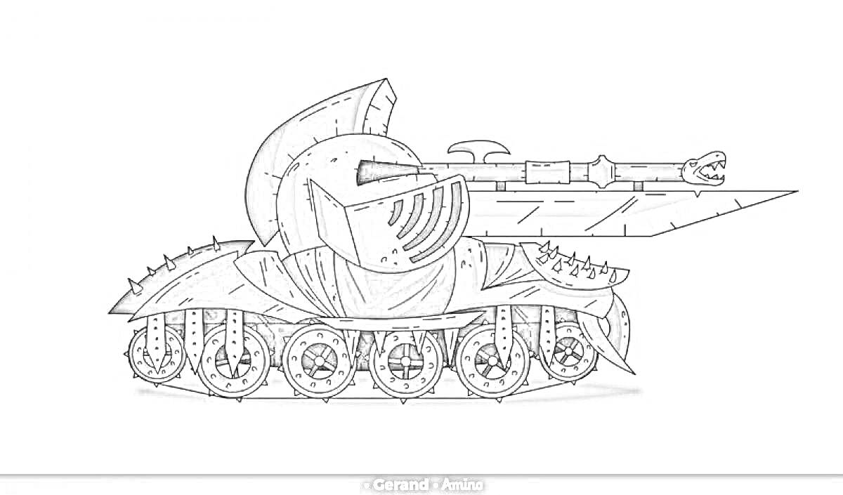 Раскраска Танк в виде средневекового рыцаря с мечом и шипами на колесах