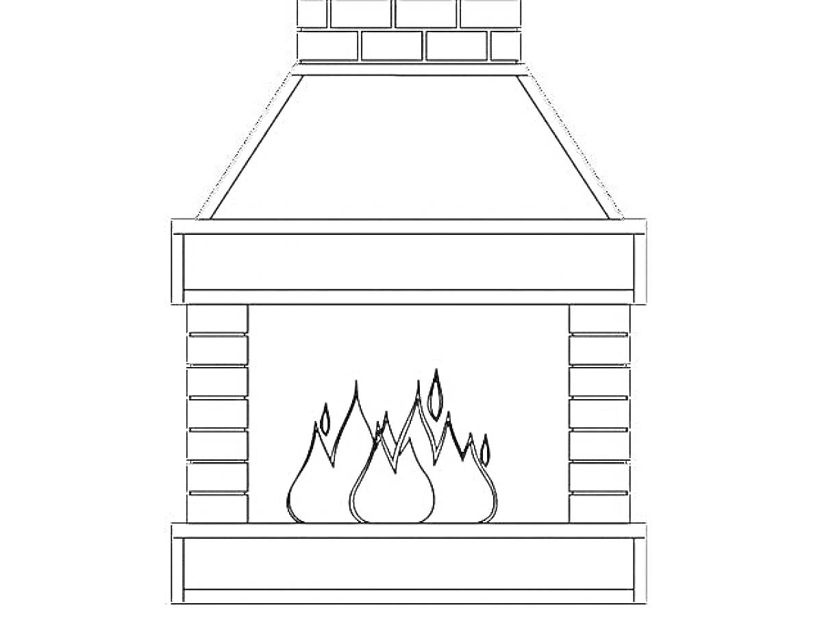 Раскраска Камин с дымоходом, рамкой и горящим огнем