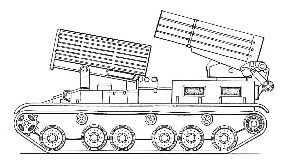 На раскраске изображено: Танк, Катюша, Ракета, Установка, Военная техника, Боевые машины, Гусеницы