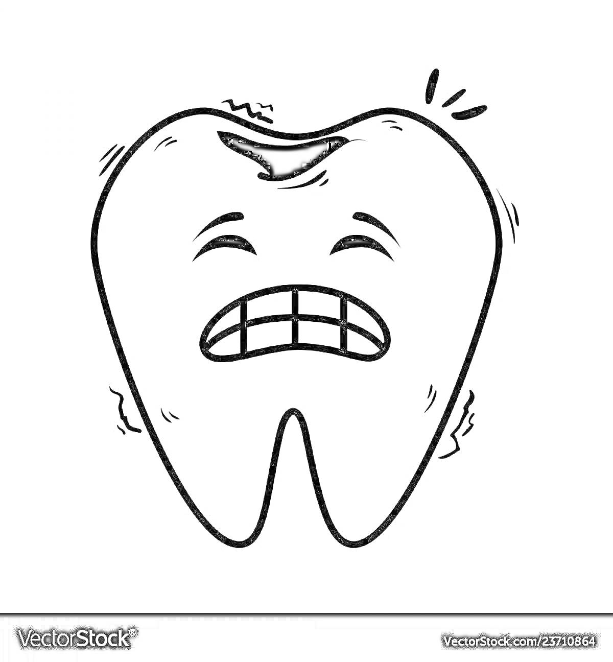Грустный зуб с кариесом, сжатыми глазами и дрожащими контурами