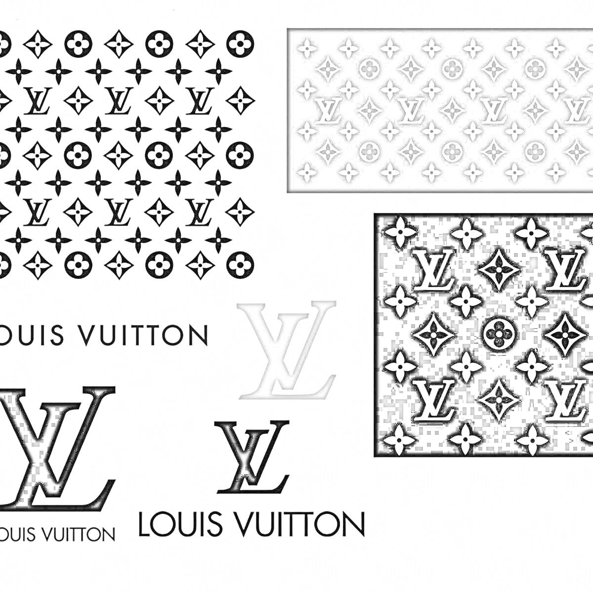 Раскраска Текстовые и графические логотипы Louis Vuitton, черно-белые надписи 