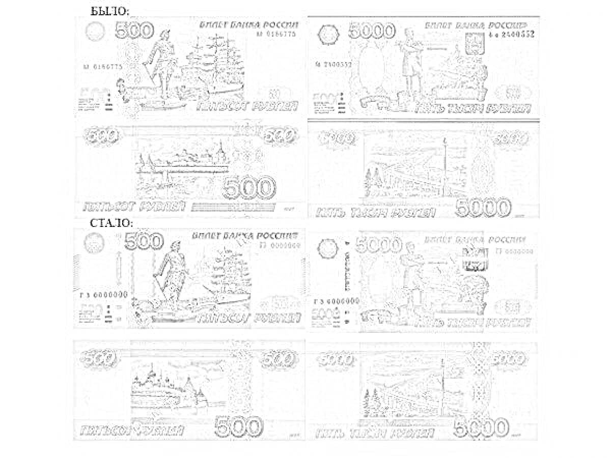 Раскраска Изменение дизайна банкноты 500 и 5000 рублей, до и после