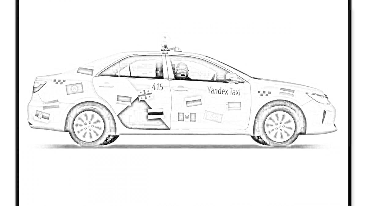 Раскраска Машина такси Яндекс с шашечками и логотипами на сером фоне