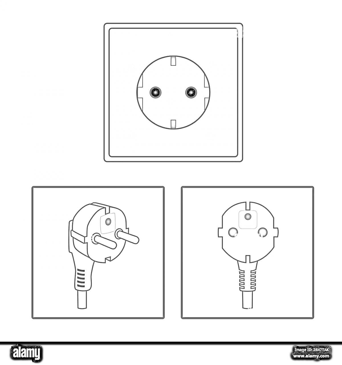 Раскраска Электрическая розетка с вилками (розетка с двумя отверстиями, вилка сбоку, вилка с задней стороны)