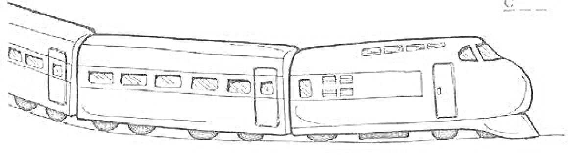Раскраска Скоростной пассажирский поезд с многочисленными вагонами и окнами