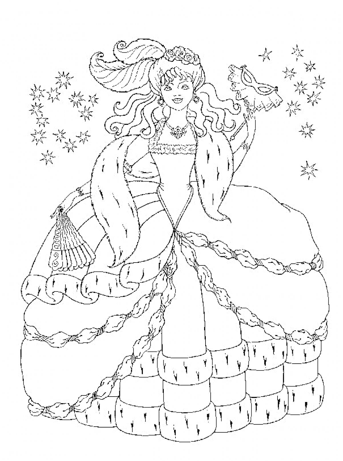 Раскраска Принцесса в пышном платье с веером на фоне звезд