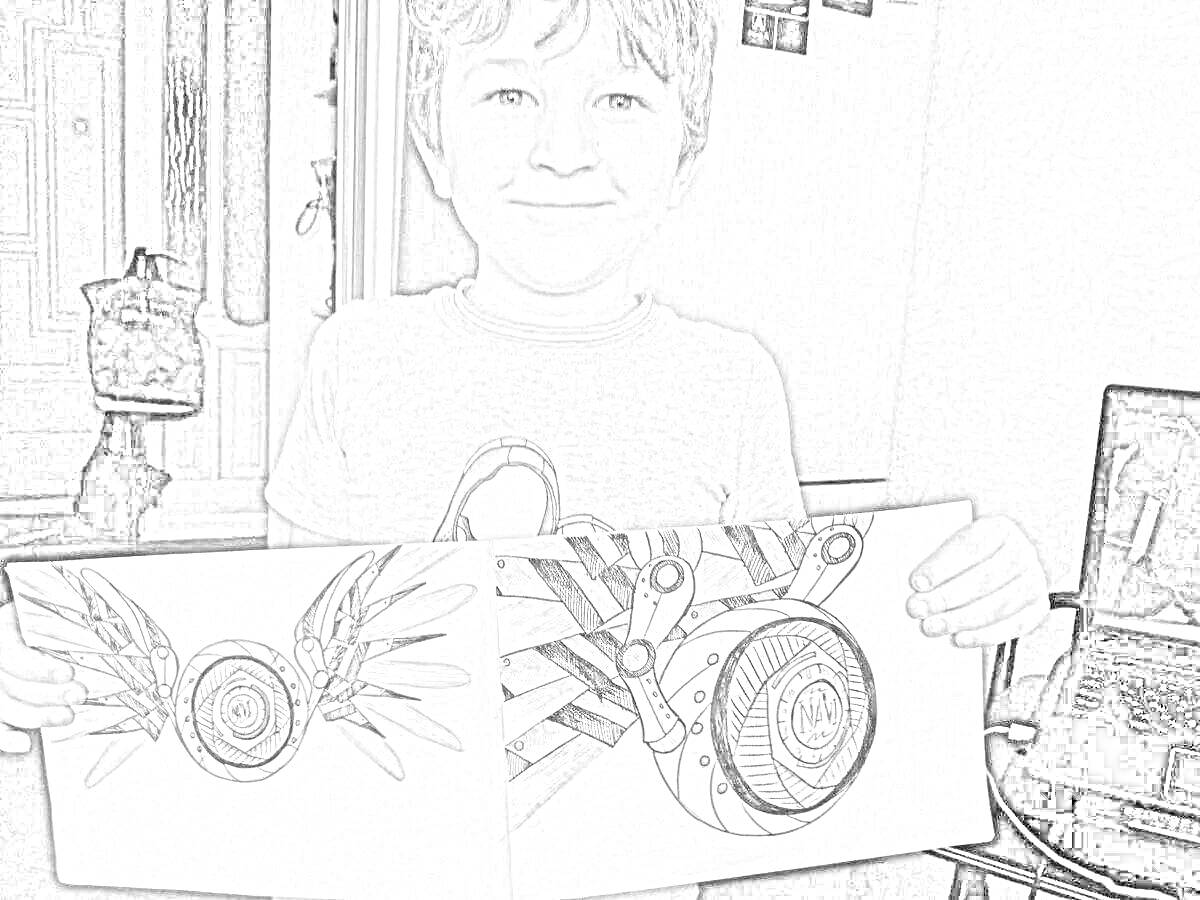 Раскраска Ребёнок с рисунками роботов и механическими крыльями, стоящий в комнате