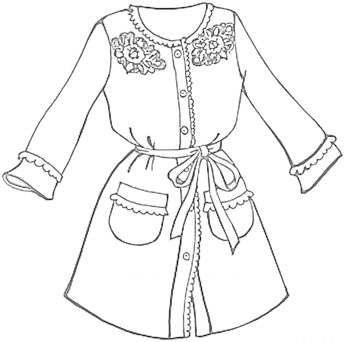 Раскраска Халат с цветочной вышивкой, поясом и карманами