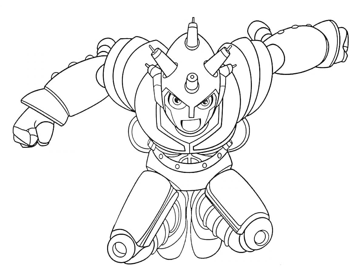На раскраске изображено: Робот, Броня, Рога, Боец