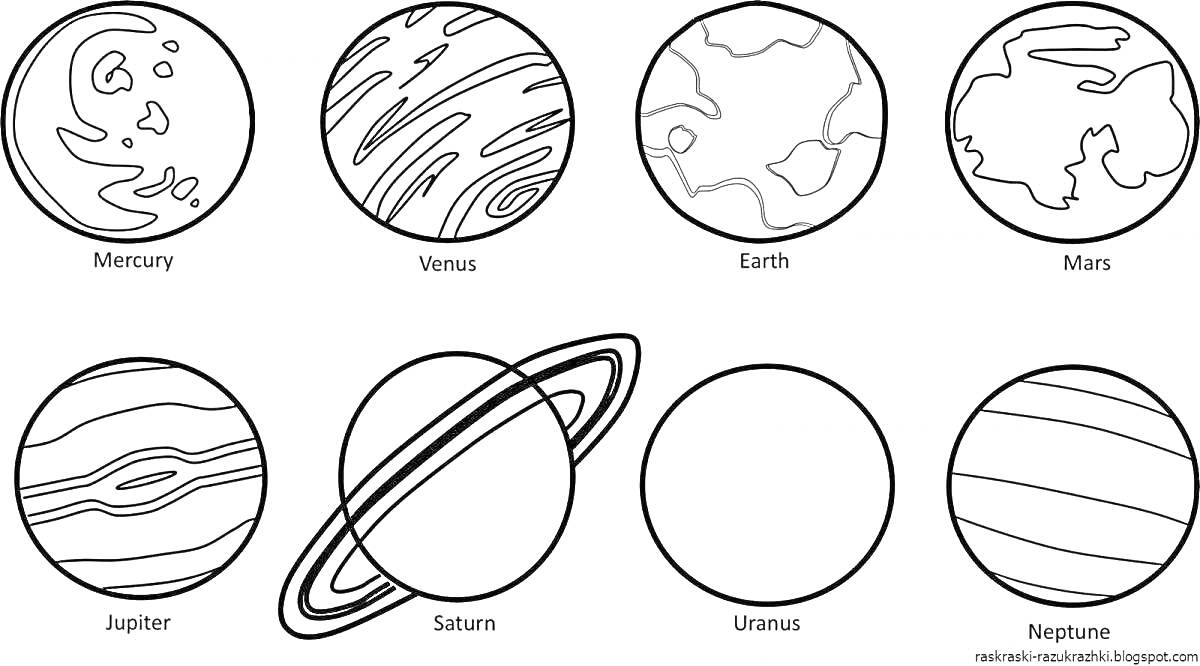 Раскраска Планеты Солнечной системы: Меркурий, Венера, Земля, Марс, Юпитер, Сатурн, Уран, Нептун