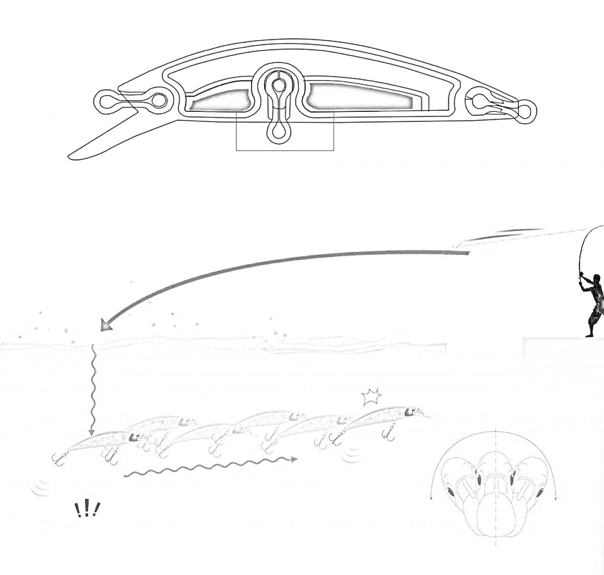 Воблер с обозначением конструкции, схемой движения в воде и изображением рыбака