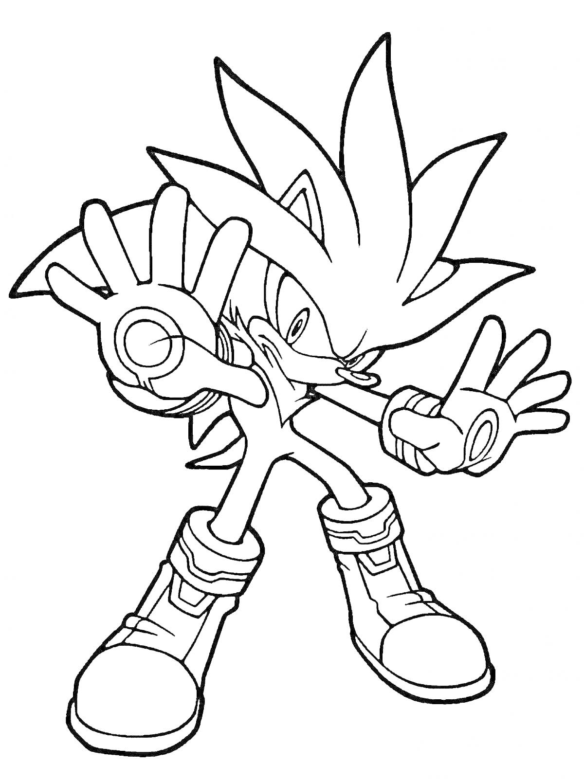 Раскраска Персонаж из мультфильма с поднятыми руками и большими ботинками