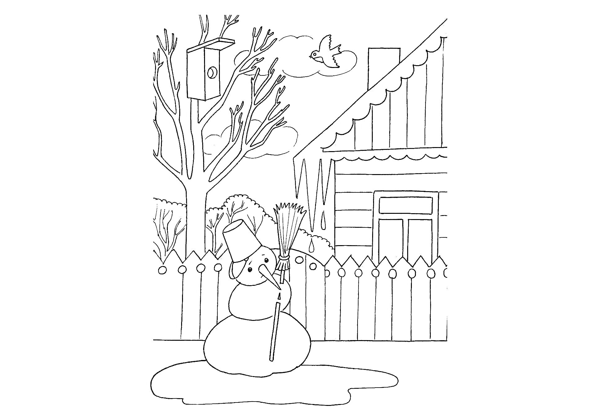 На раскраске изображено: Весна, Таяние, Двор, Дом, Забор, Гнездо, Птичья кормушка, Снег