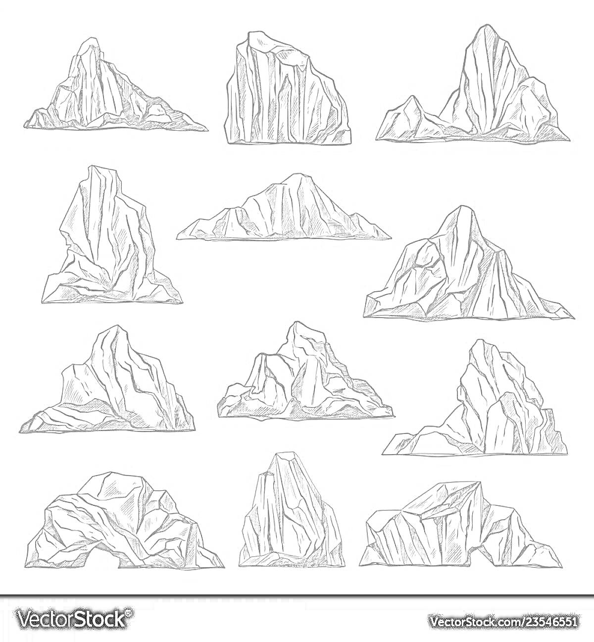 Раскраска Набор черно-белых эскизов айсбергов в различной форме