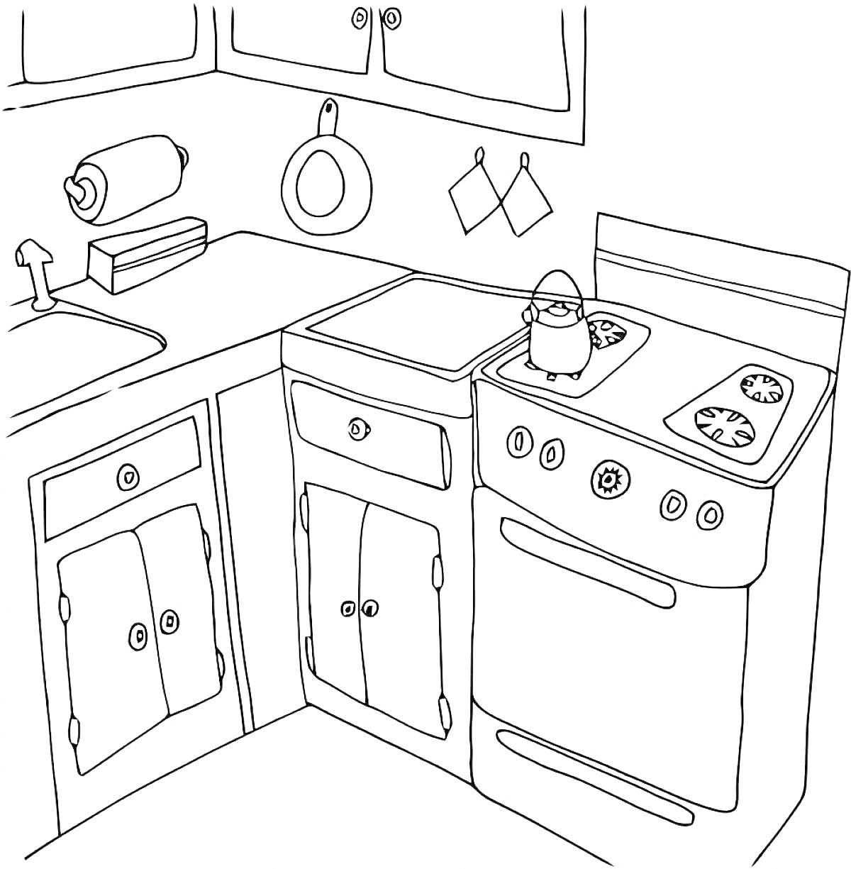 Раскраска Кухня с раковиной, полками, бумажным полотенцем, кастрюлей, плитой, крючками и шкафчиками.