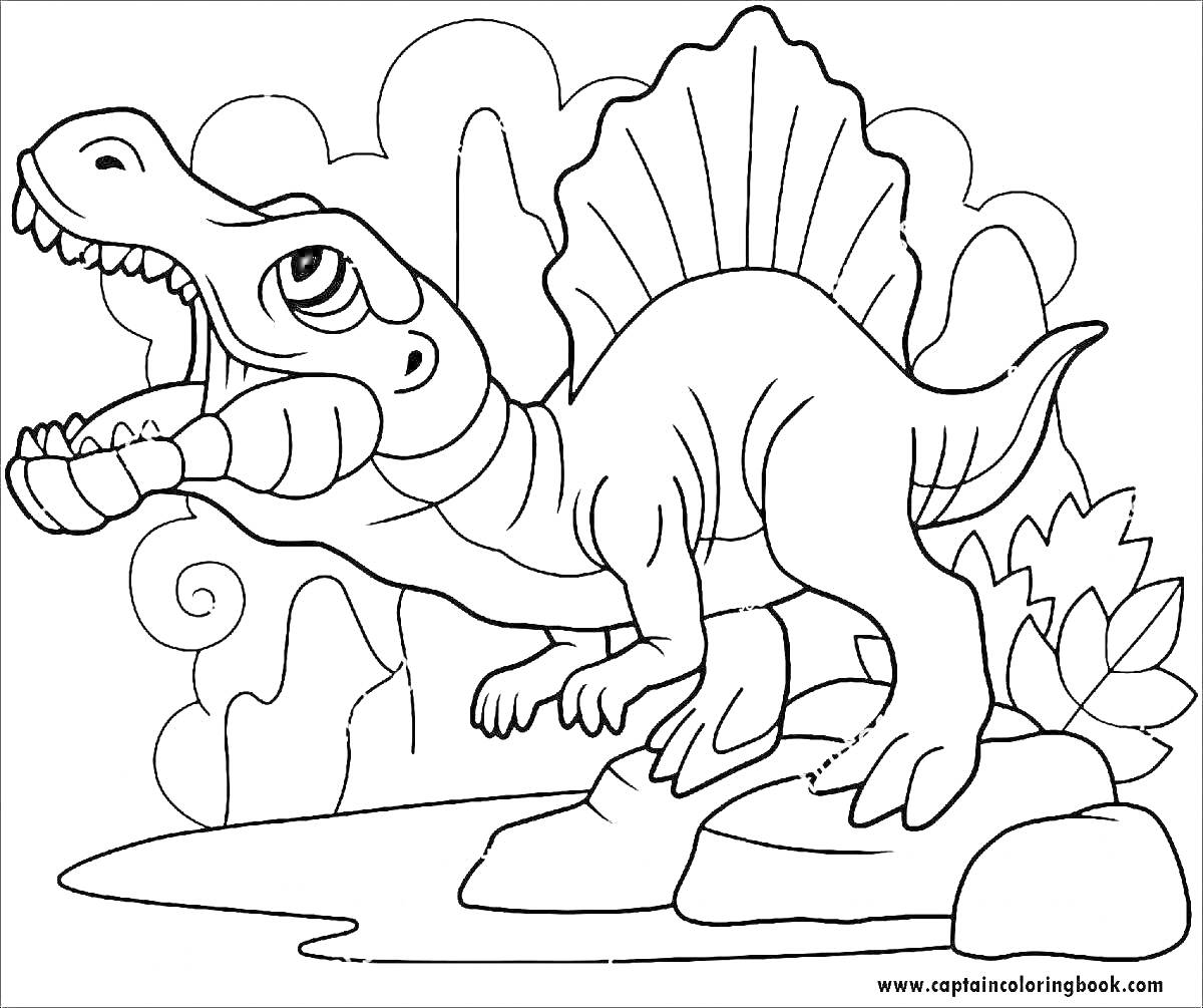 Раскраска Спинозавр на камнях с растениями на заднем фоне