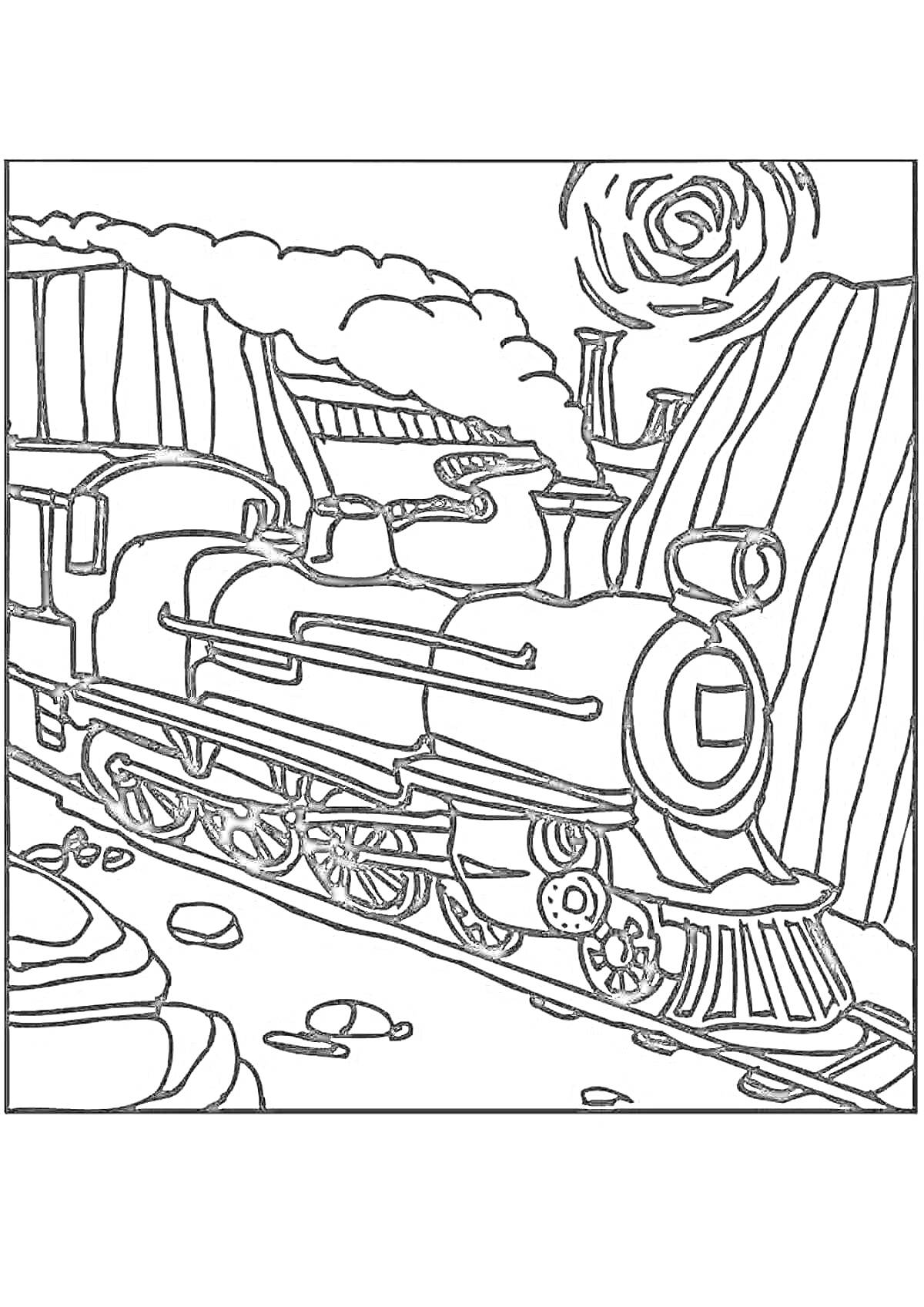 Раскраска Паровоз в горах на железной дороге с дымом из трубы и окружением скал