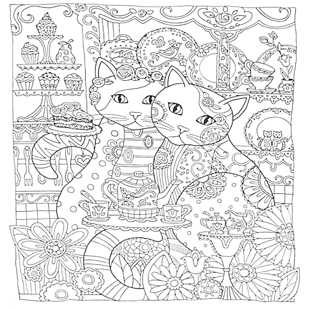 Раскраска Две кошки с пирожным, в окружении цветочного орнамента и чайного сервиза