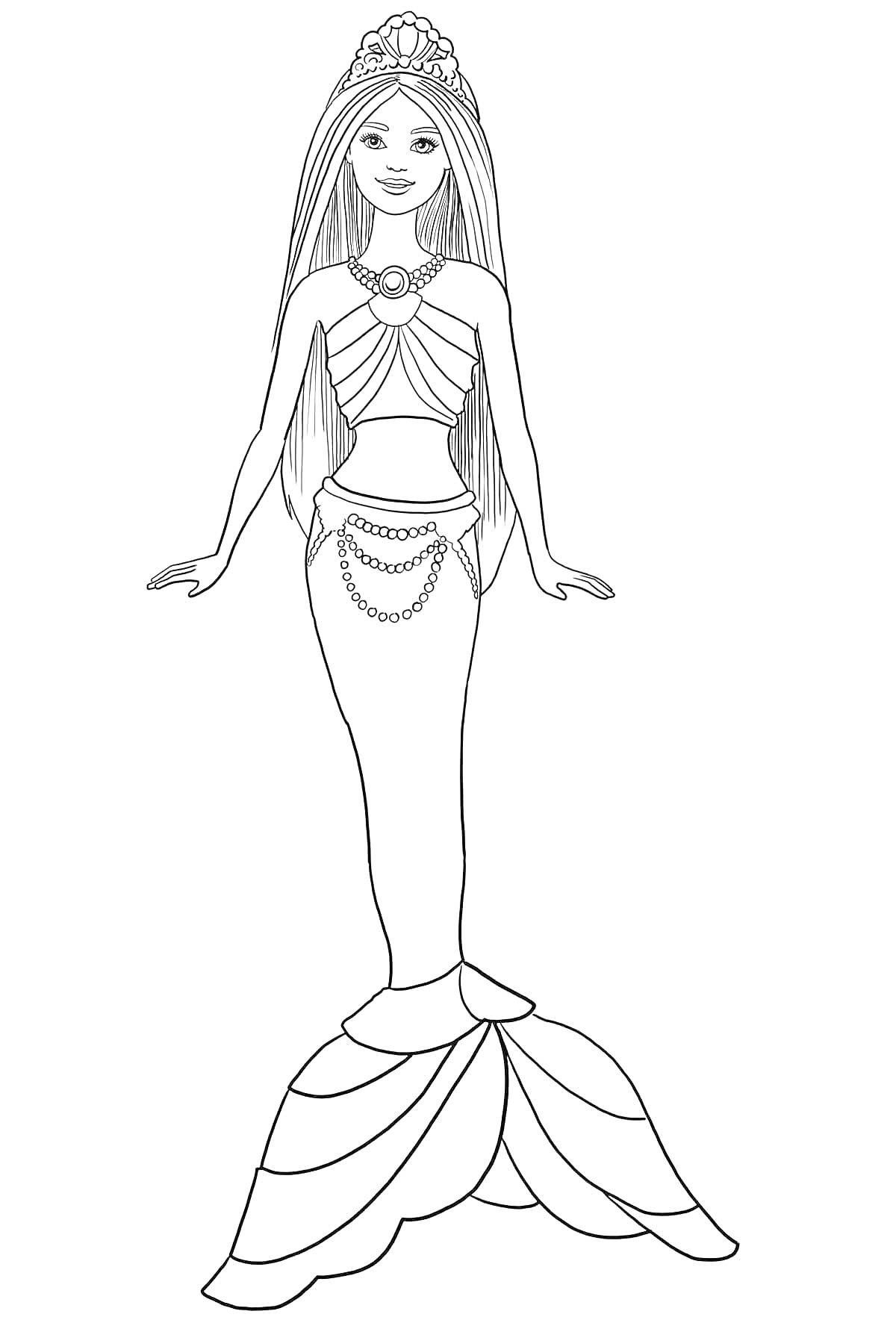 Барби русалка с длинными распущенными волосами, с короной, в топе, с украшением, с поясом из цепочки, в хвосте русалки
