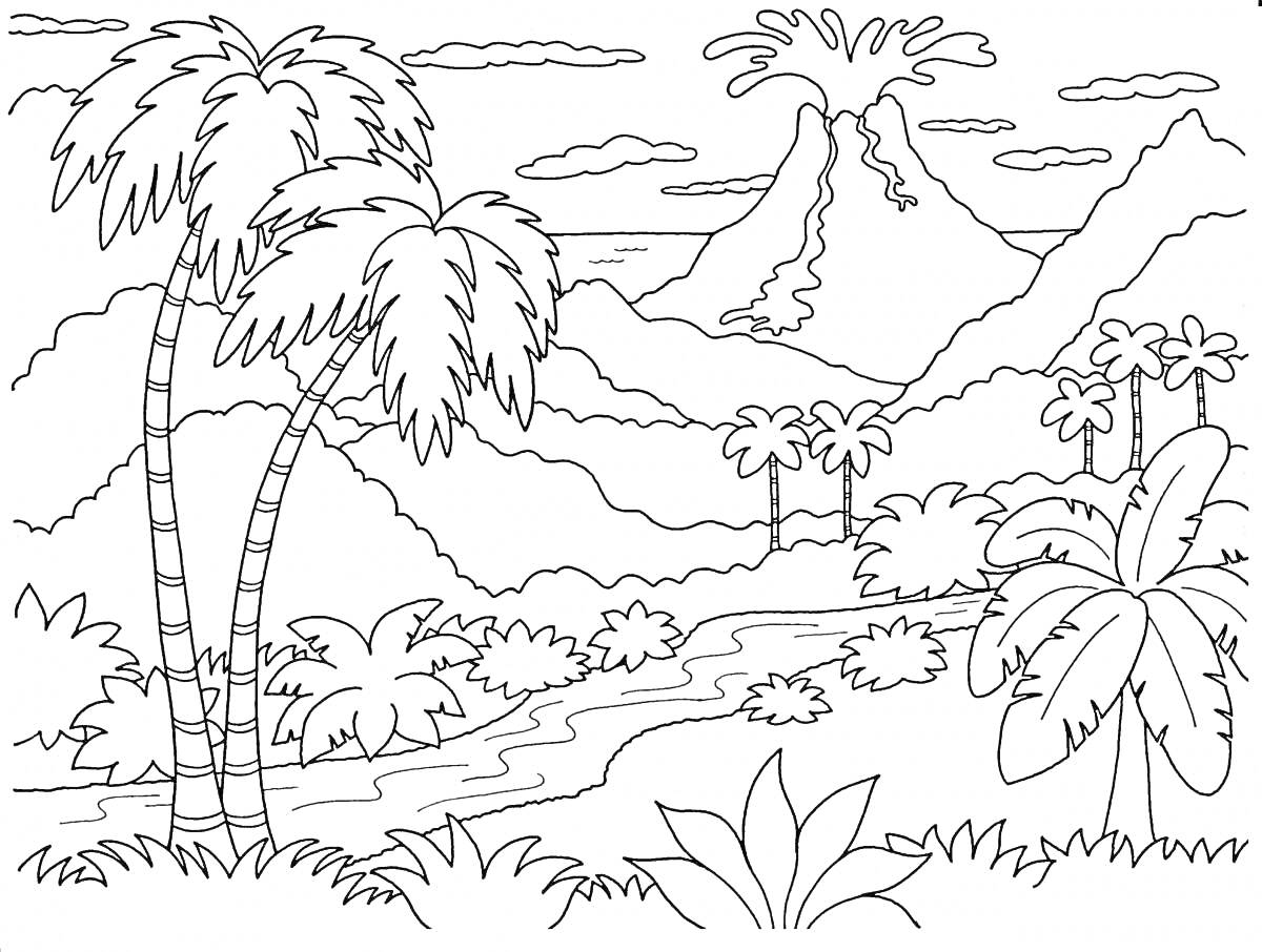 На раскраске изображено: Пейзаж, Природа, Пальмы, Вулкан, Горы, Ручей, Облака, Джунгли