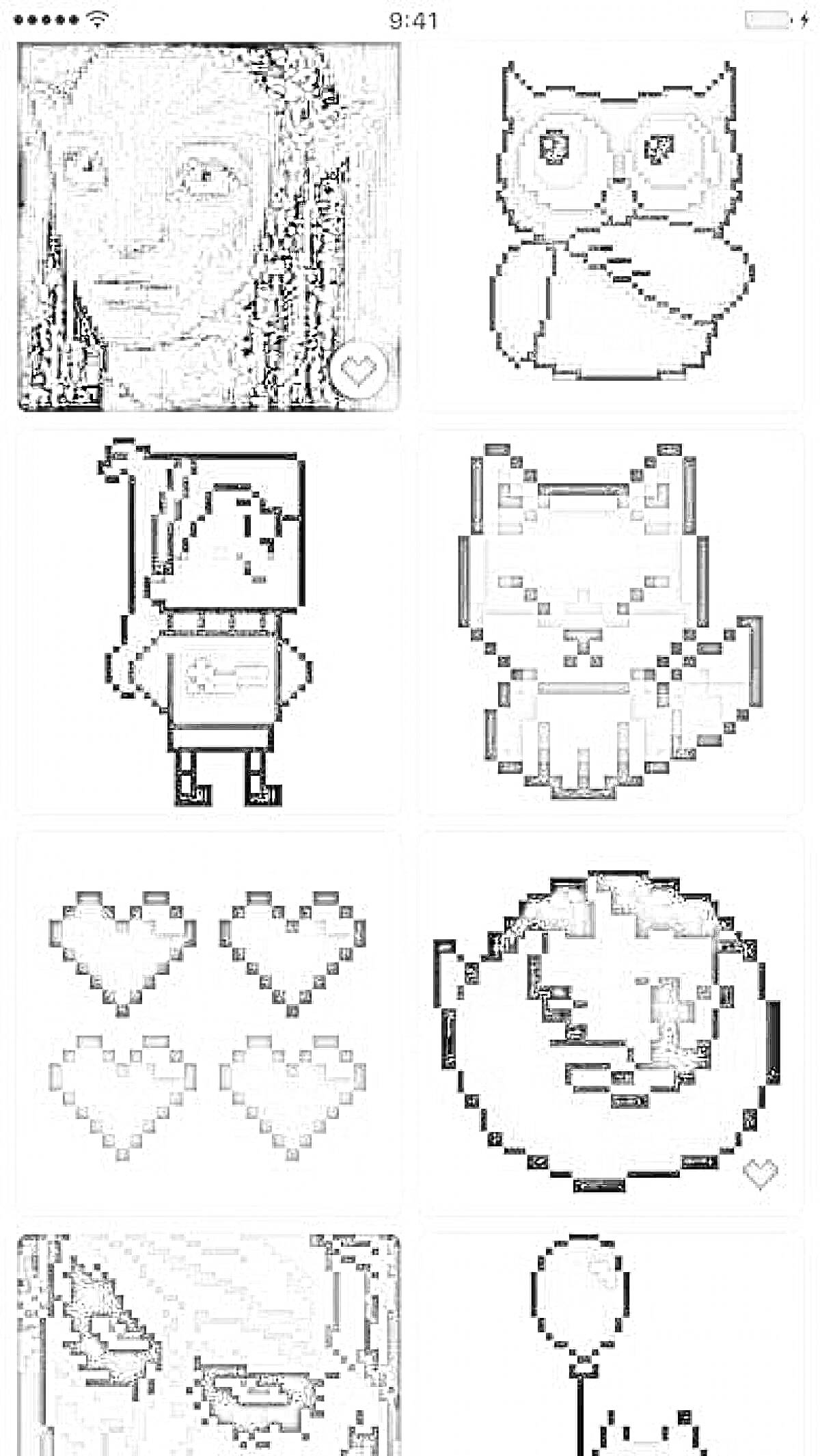 Раскраска Пиксельная раскраска с изображениями: лицо персонажа, сова, эльф, лиса, четыре сердечка, улыбающееся лицо, лицо другого персонажа, кот с воздушным шариком.