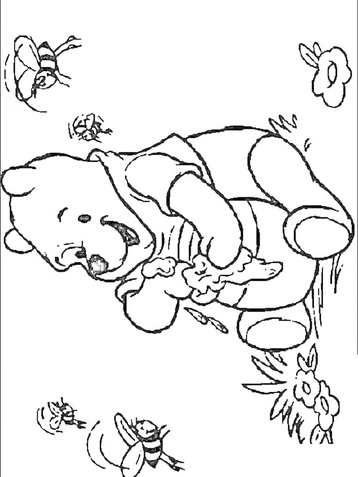 На раскраске изображено: Пчёлы, Медведь, Цветы, Из мультфильмов, Мёд, Винни-Пух, Деревья, Сидеть