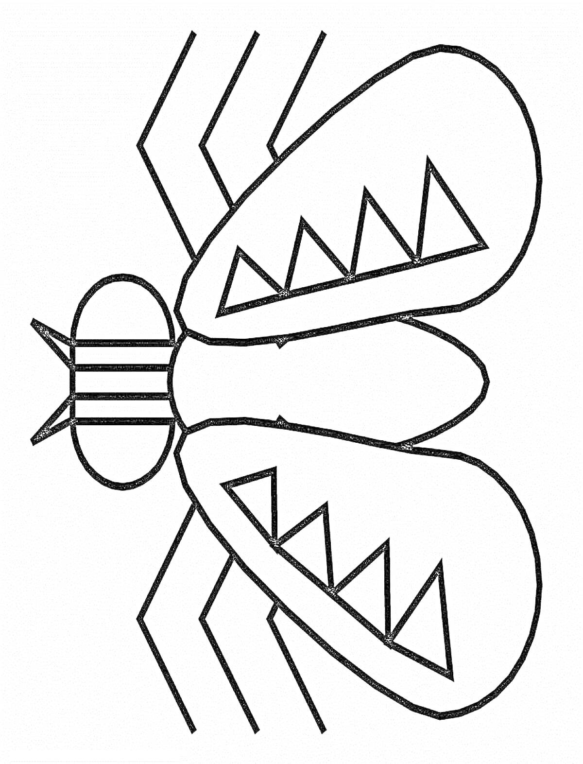 Раскраска Муха с полосатым туловищем и крыльями с треугольными узорами