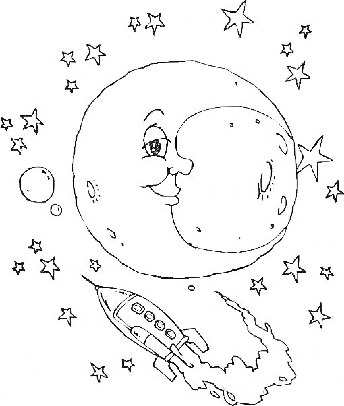 На раскраске изображено: Луна, Звезды, Космический корабль, Космос, Планеты, Ночь, Астрономия, Ракета, Из мультфильмов