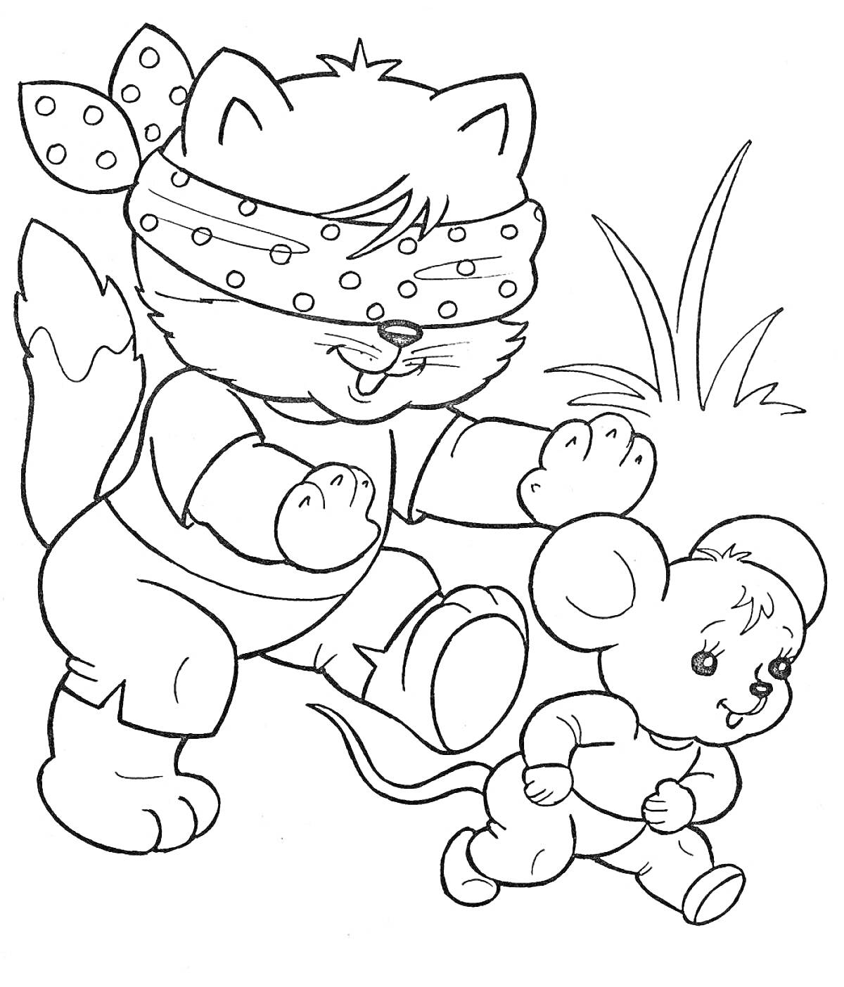 Раскраска Кошка с повязкой на глазах и мышонок играют рядом с травой