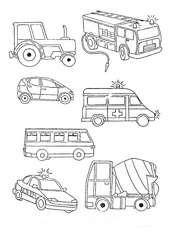 Раскраска Спецмашины: трактор, пожарная машина, легковой автомобиль, скорая помощь, автобус, полицейская машина, бетономешалка
