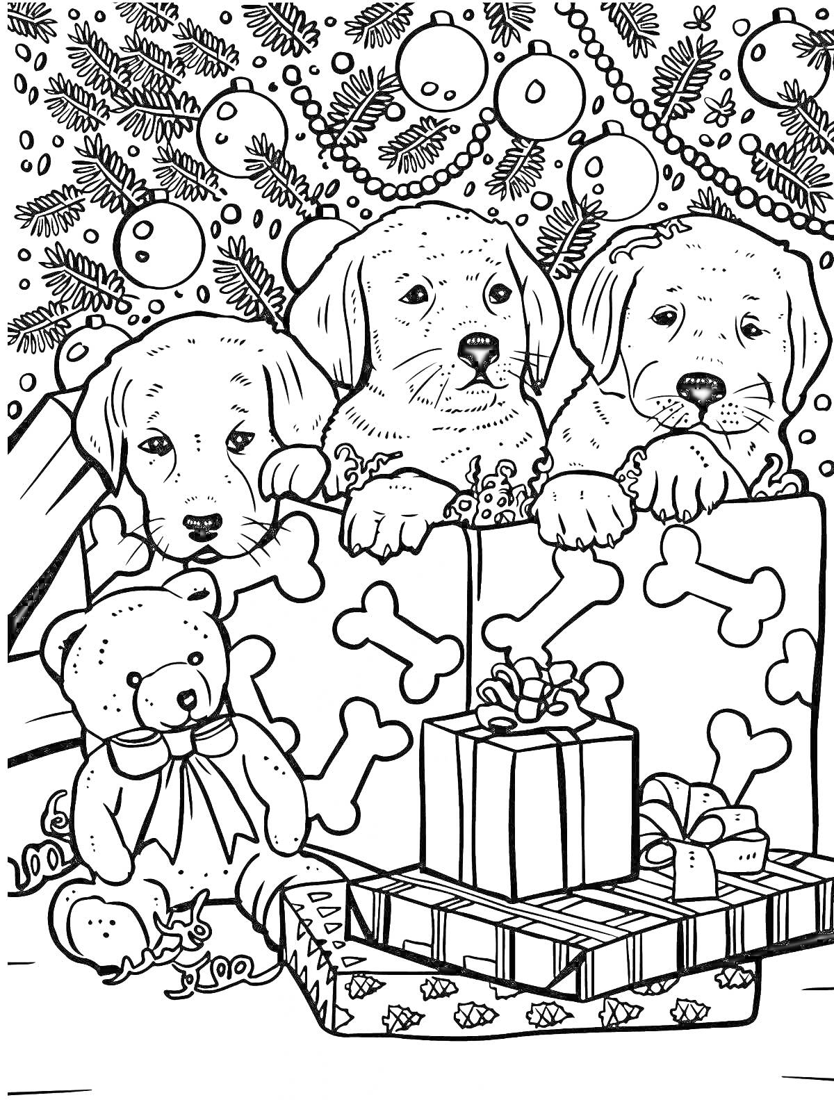 Раскраска Три щенка и новогодние подарки под ёлкой