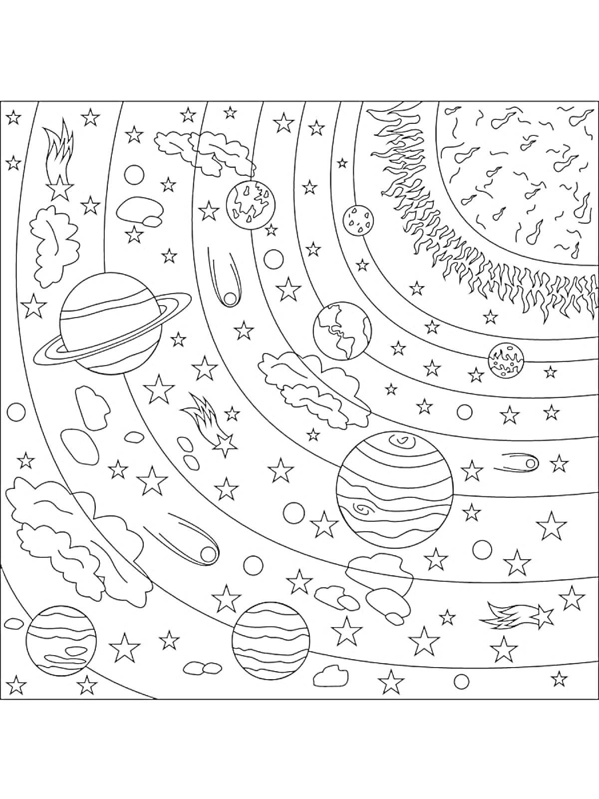 На раскраске изображено: Планеты, Солнце, Звезды, Космос, Астероиды, Облака, Космическое пространство, Комета
