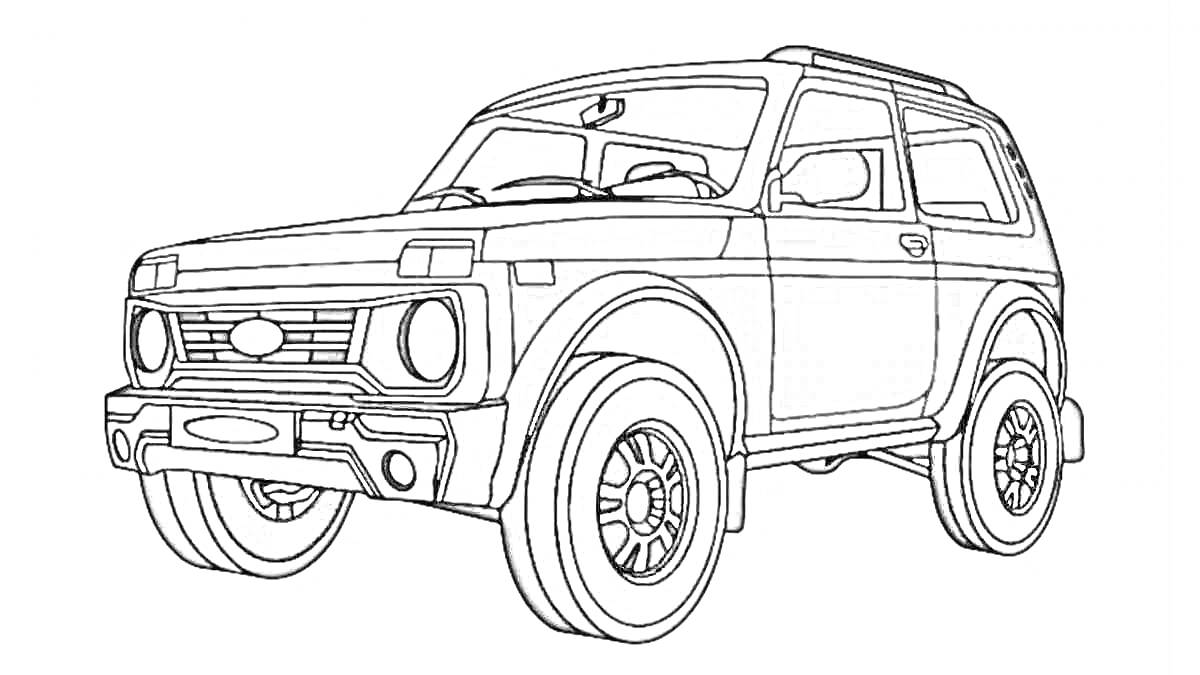 Рисунок автомобиля Нива 4x4 с крупными колесами, боковыми зеркалами и закругленными формами кузова