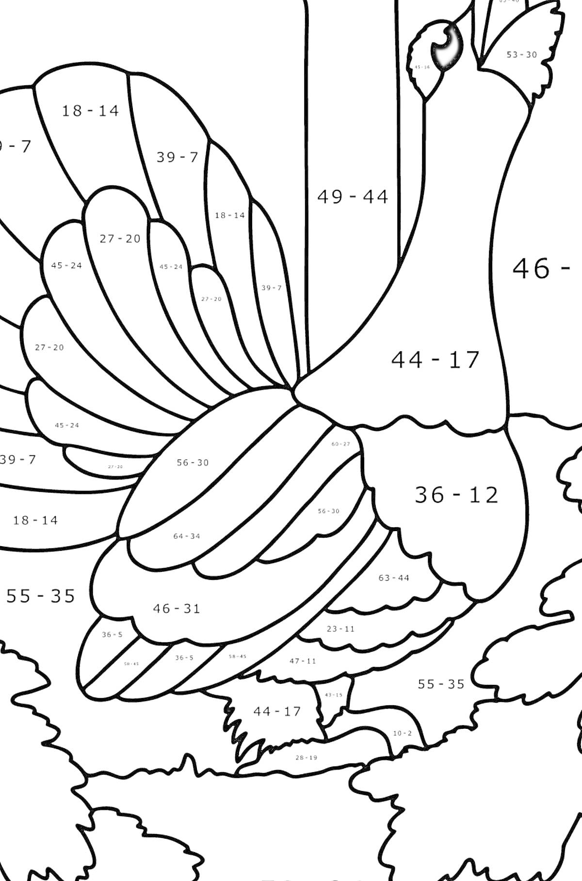 Раскраска Раскраска по номерам с изображением глухаря на природе, включая хвост, крылья, тело и фон с деревьями и кустами