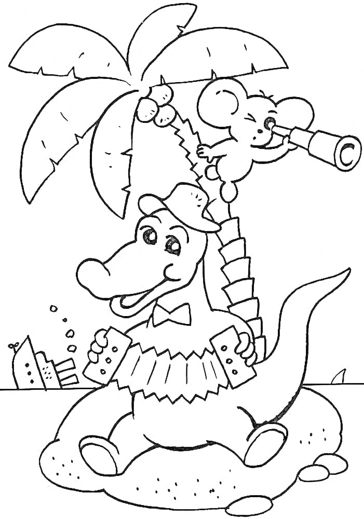 Раскраска Чебурашка и крокодил Гена на острове с пальмой, Чебурашка с подзорной трубой, Гена с гармошкой