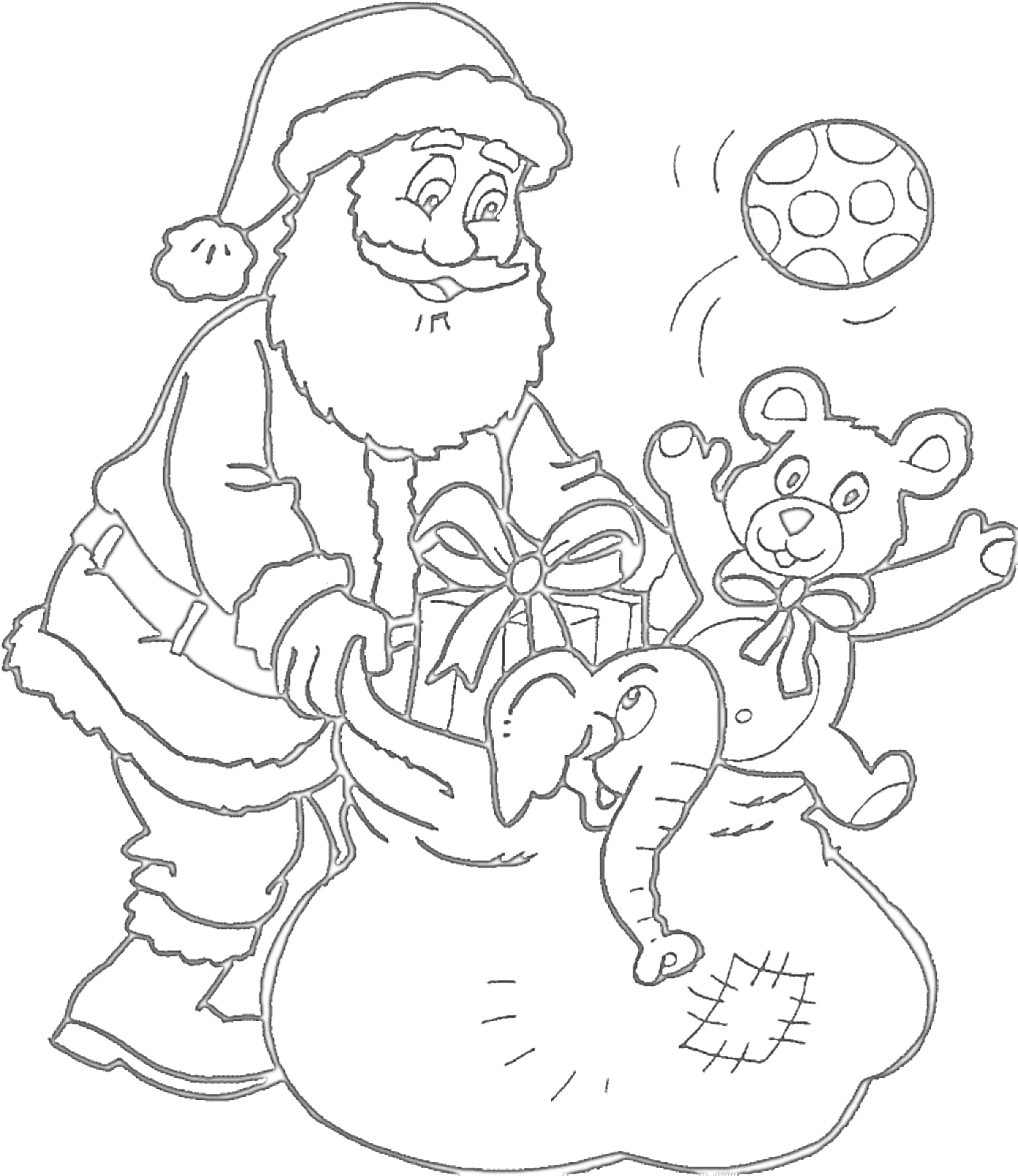 Раскраска Санта Клаус с мешком игрушек, внутри мешка находятся подарки, плюшевый медвежонок и слон, рядом в воздухе летает мяч.