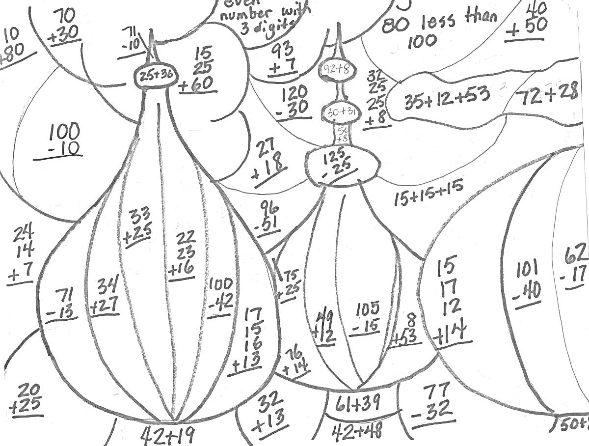 Раскраска Луковицы с арифметическими выражениями (вычитание и сложение) в контексте дробей