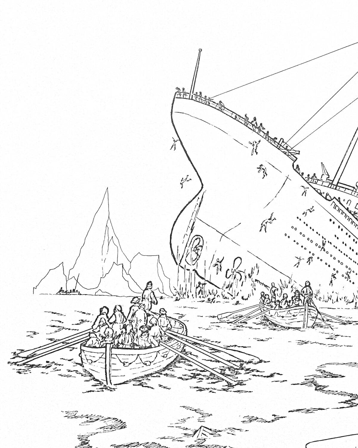 На раскраске изображено: Титаник, Корабль, Айсберг, Спасательные шлюпки, Трагедия, Историческое событие