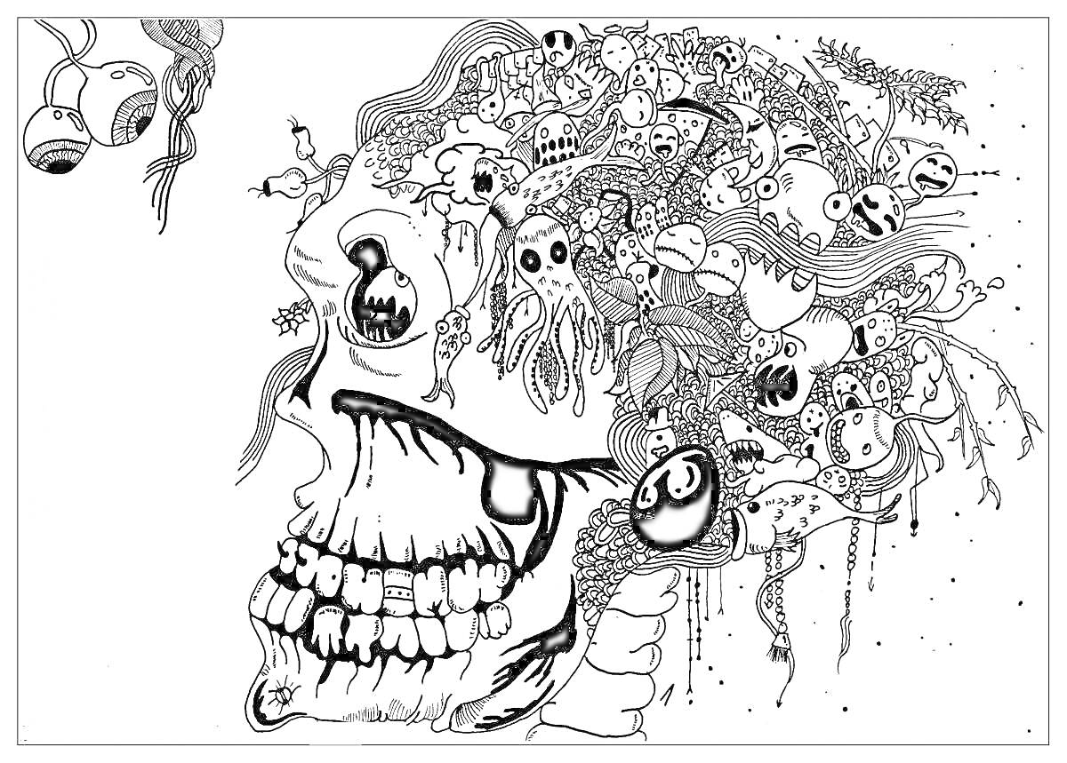 Раскраска Череп с множеством различных существ и объектов, включая глаза, черепа, лица, деревья и странные формы
