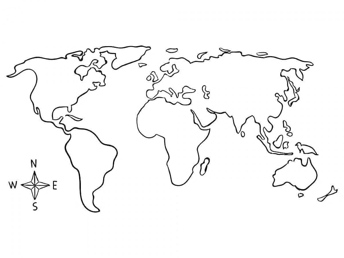 Контурная карта мира с розой ветров