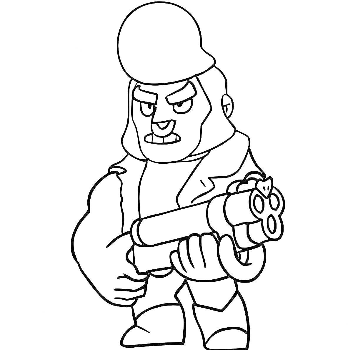 Раскраска Персонаж из игры Бравл Старс с пистолетом