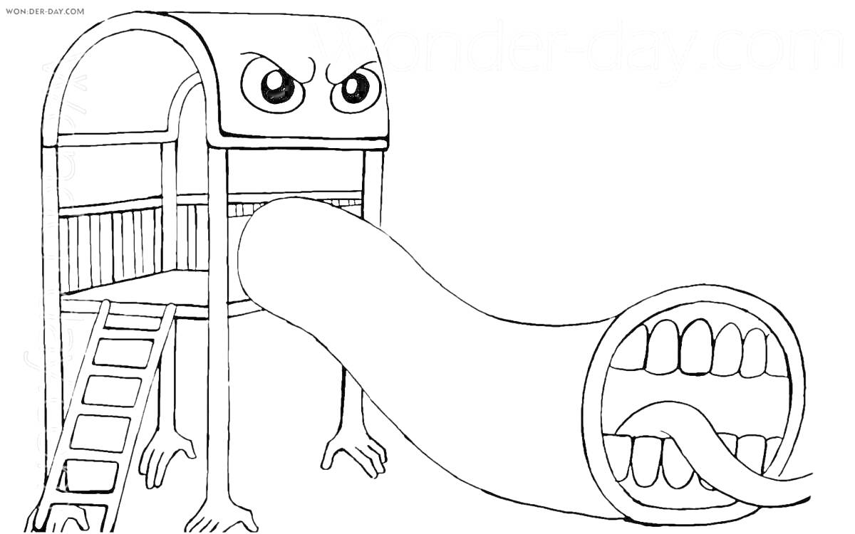Раскраска Злая детская горка с человеческими чертами (глаза и рот с зубами и языком)