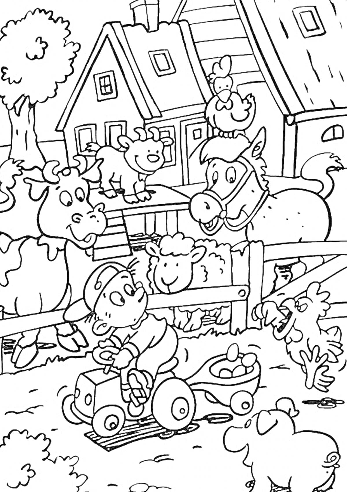 Раскраска Ребенок на ферме с коровами, собакой, овцой и курицей на крыше, рядом с домами и деревьями