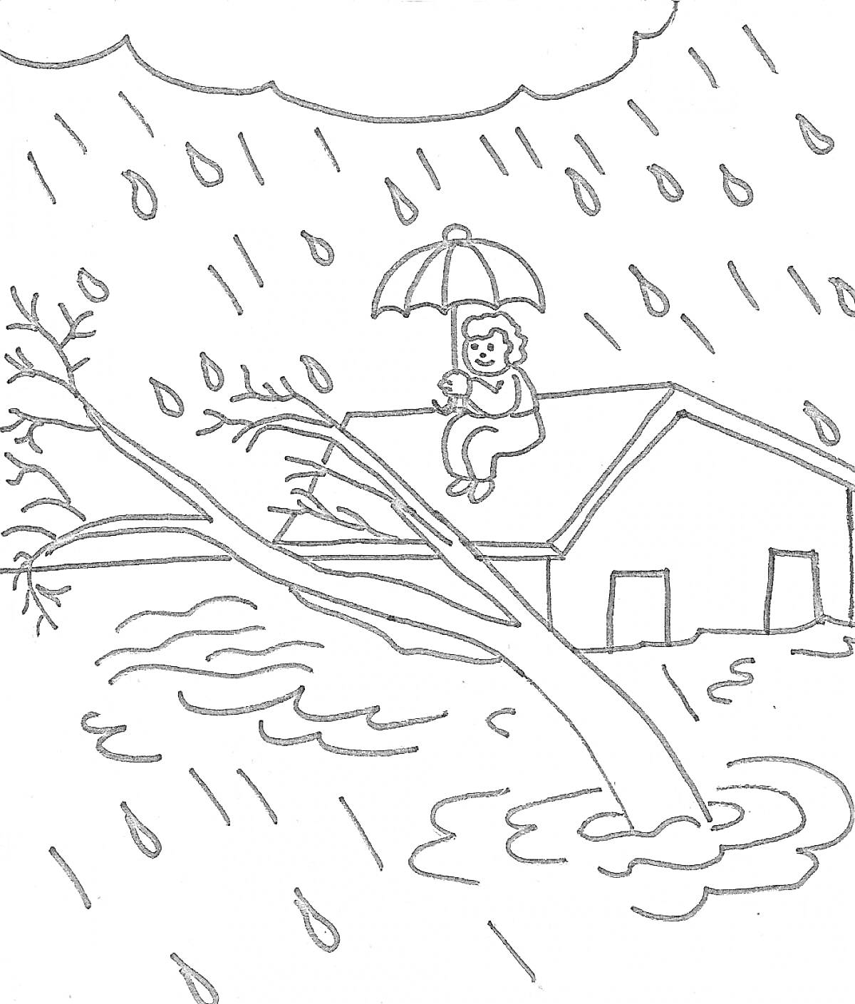 Раскраска Человек с зонтом на крыше здания во время наводнения с упавшим деревом