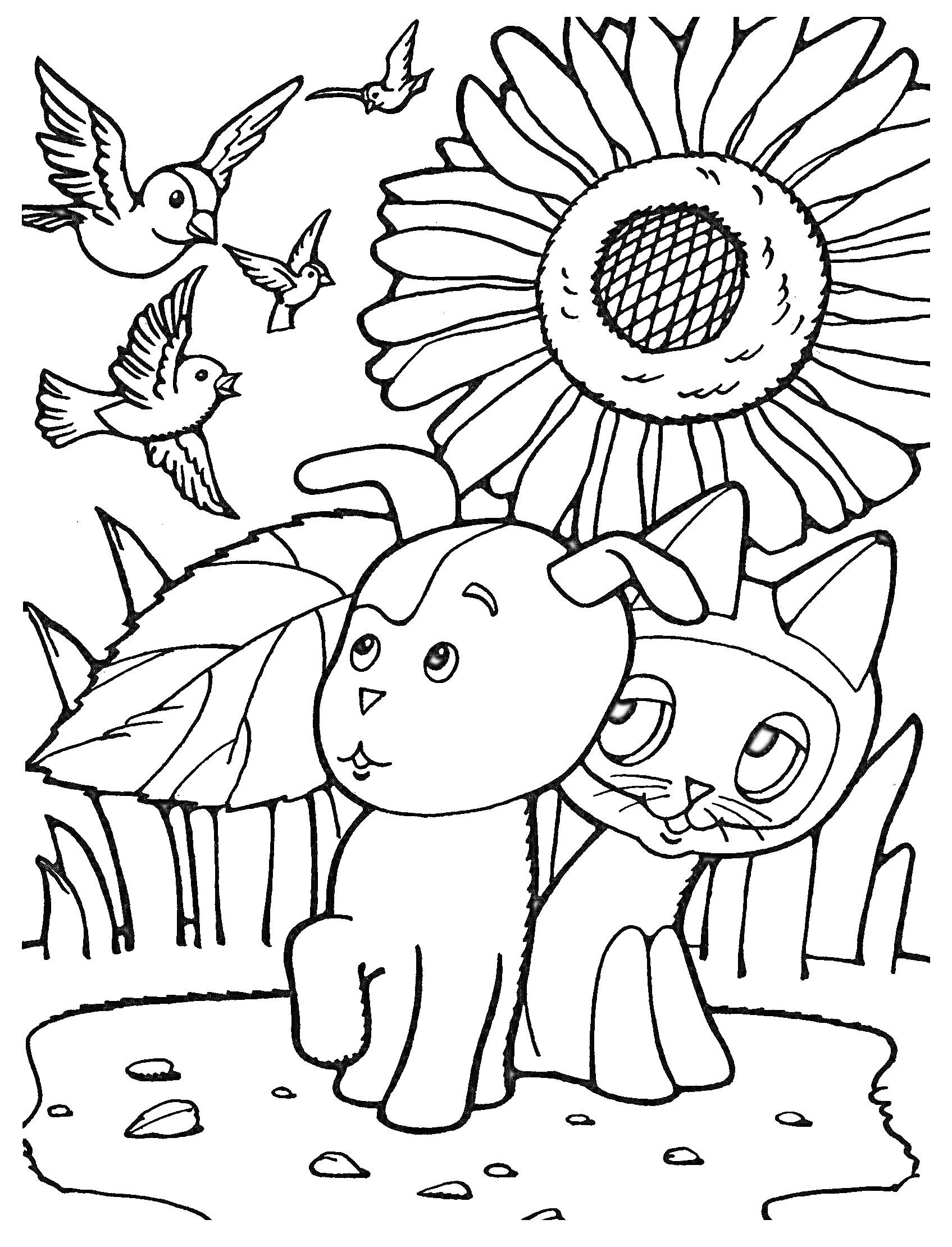 Раскраска Подсолнух с котёнком и щенком, сидящих под ним, с летающими птицами