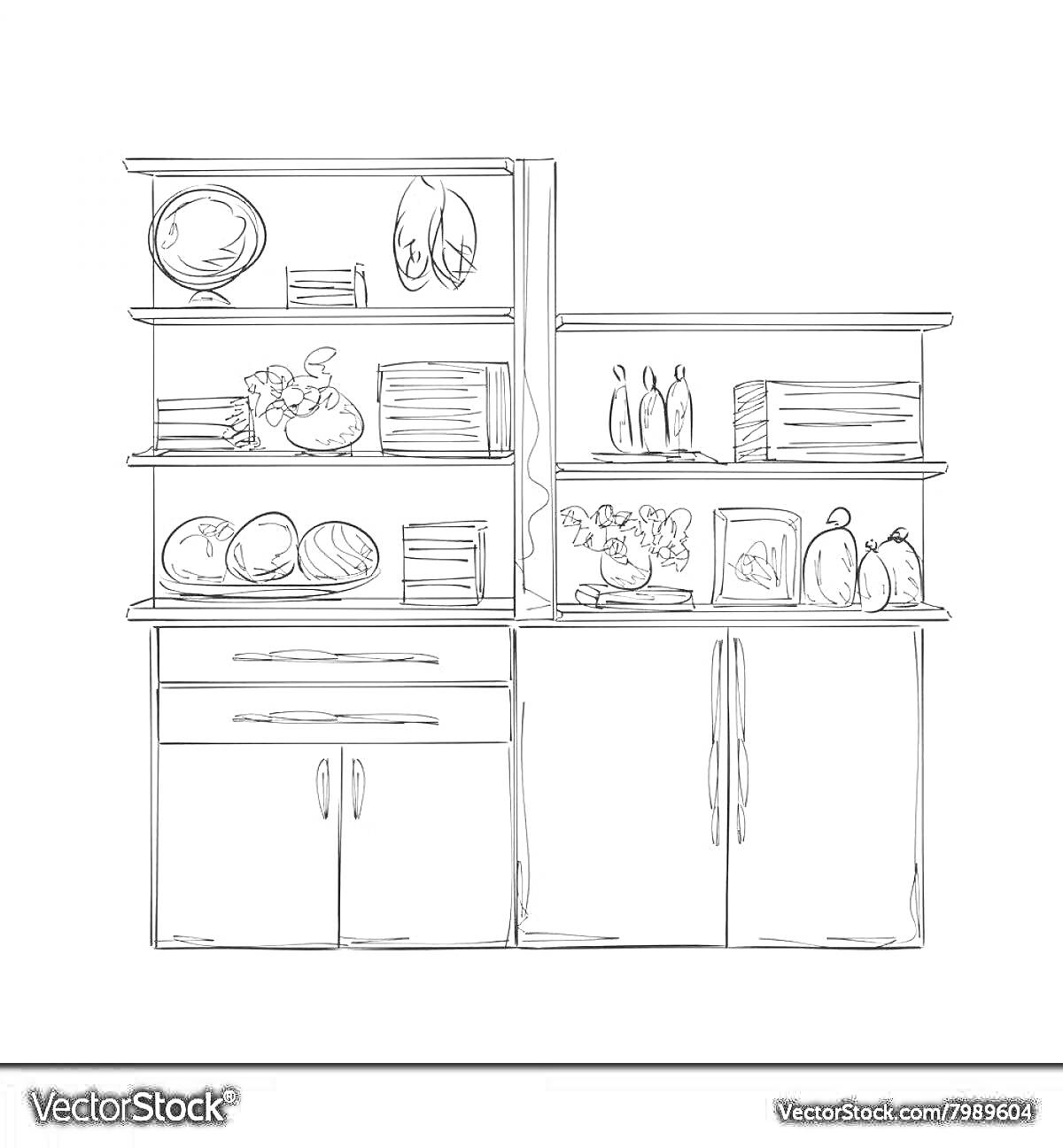 На раскраске изображено: Кухонный шкаф, Кастрюли, Овощи, Вазон, Цветы, Фрукты