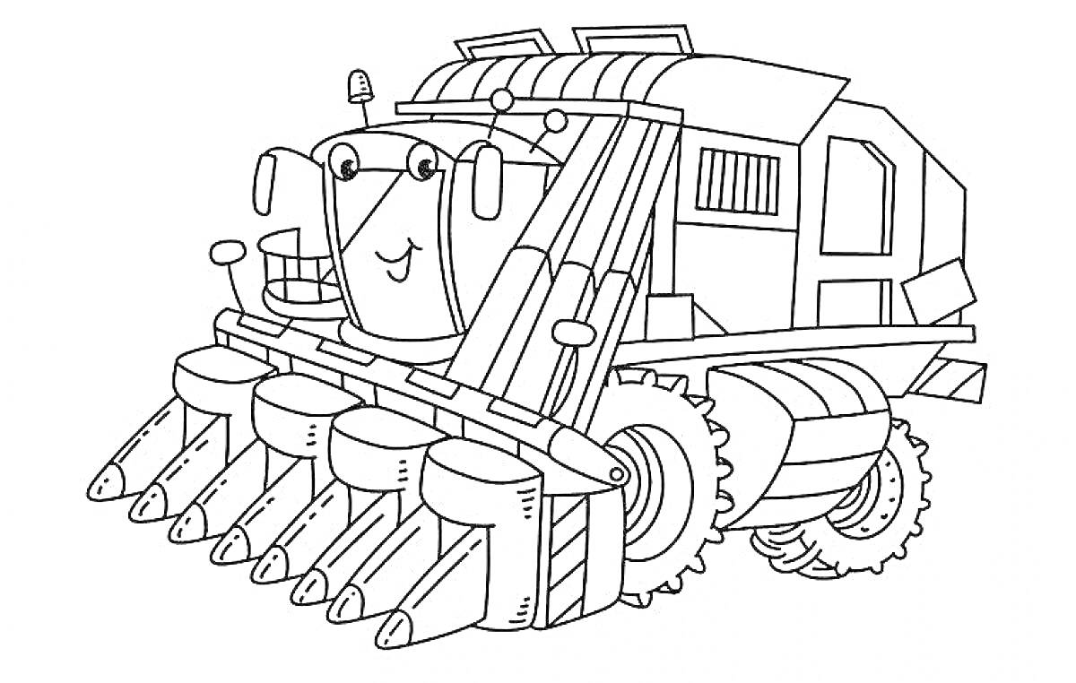 Раскраска Комбайн с улыбкой и крупными колесами