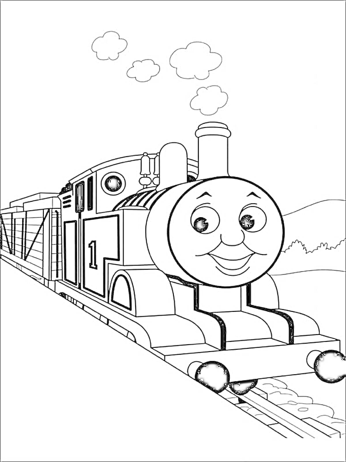 Раскраска Паровозик Томас на железной дороге с дымом и пейзажем на заднем фоне