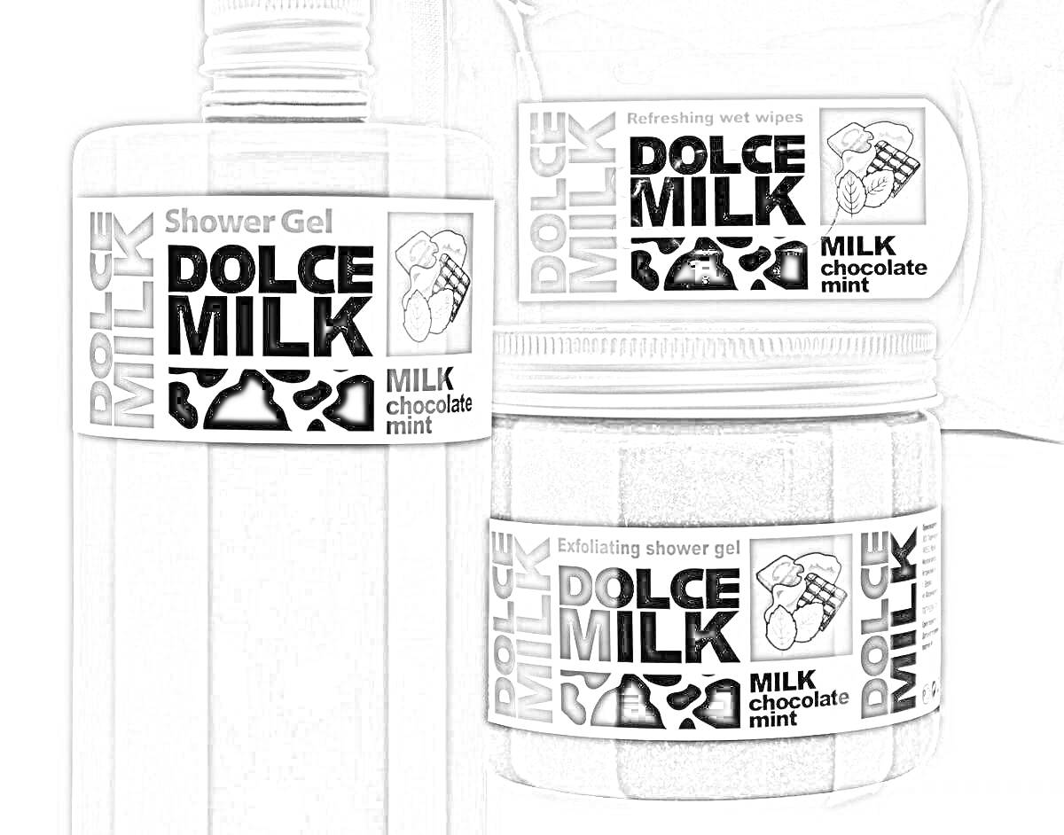 Раскраска Набор из трех элементов Dolce Milk: гель для душа, салфетки и скраб для тела с ароматом шоколадной мяты.
